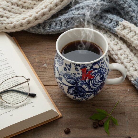 Anthropologie Homegrown Monogram Mug – Initial K – Blue Floral Toile Stoneware - Picture 1 of 10